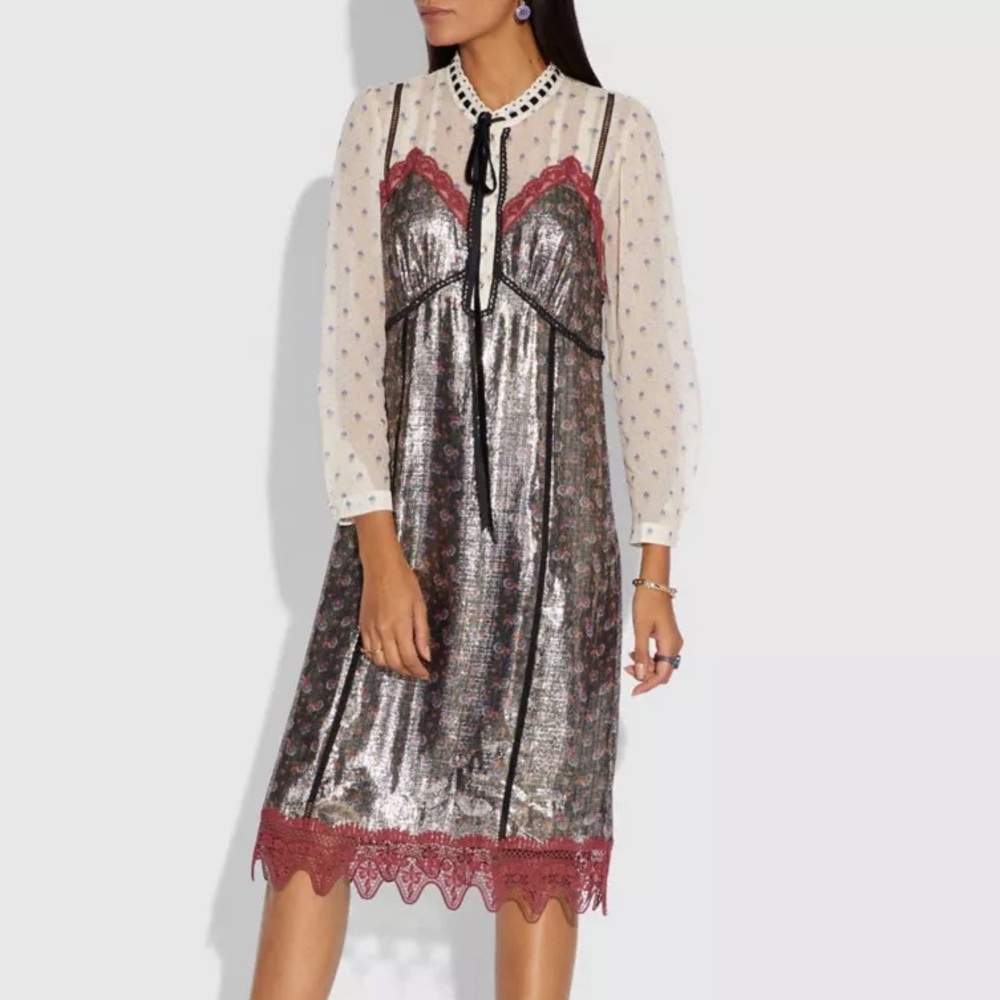 Coach Silver Metallic Midi Dress with Cream Sheer Sleeves and Burgundy Lace Trim